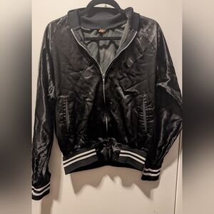 Black Satin-Style Bomber Jacket with Striped Rib Trim